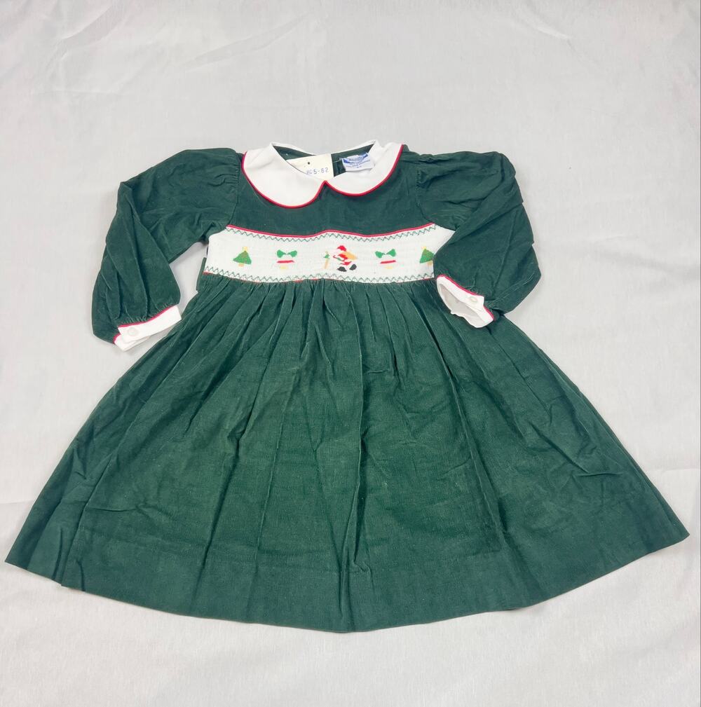 Vintage NWT Carriage Boutiques 2T Green Christmas Smocked Corduroy Dress Santa